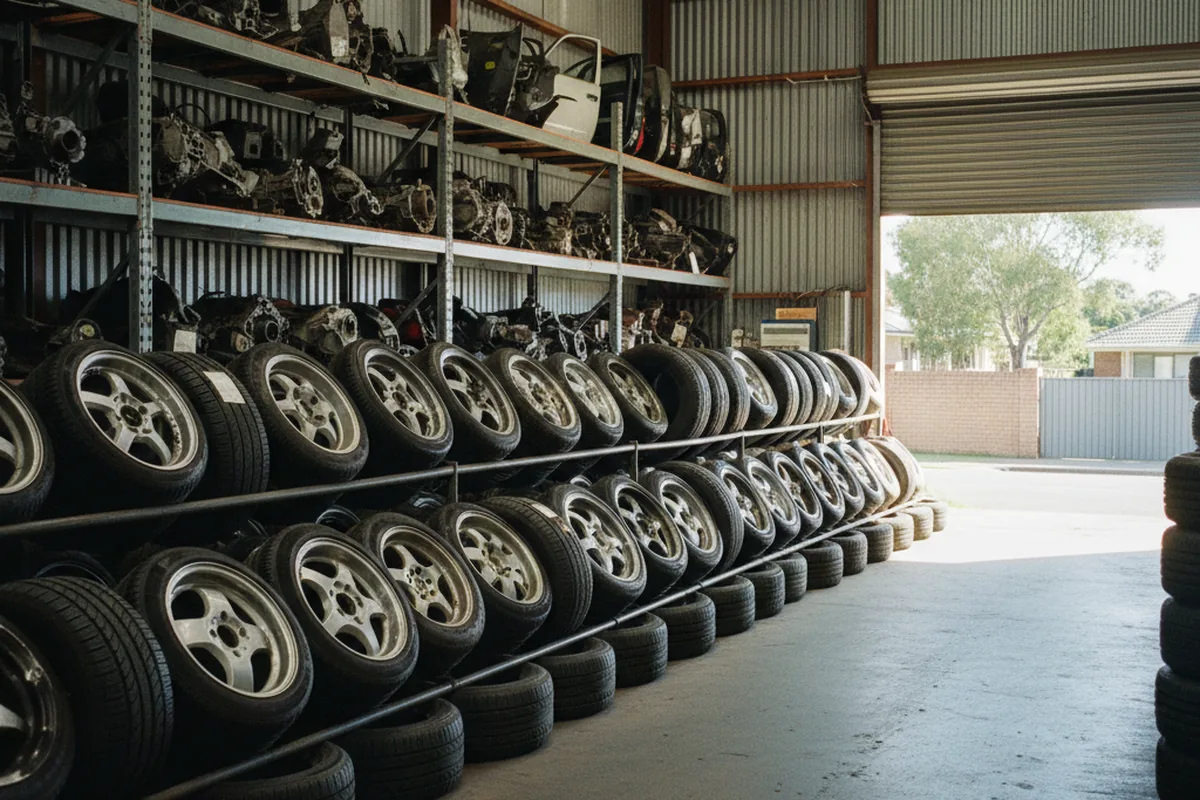 Salvaged car parts and tyres at an Adelaide recycling yard