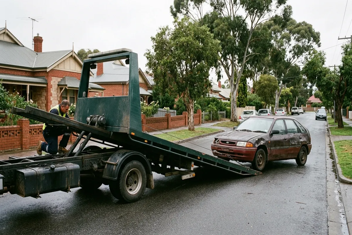Tilt-tray tow truck loading a car for free removal on an Adelaide street