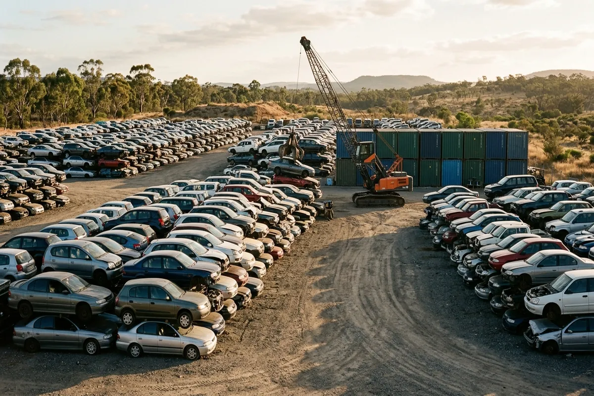 Organised Adelaide auto recycling yard with rows of end-of-life vehicles