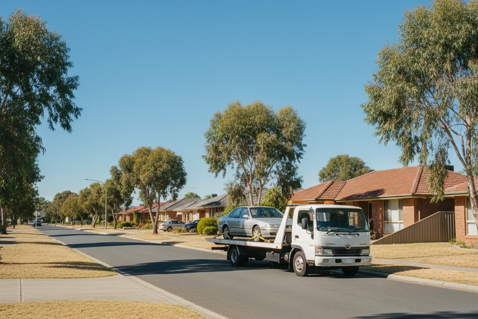 Tilt-tray tow truck collecting a car on an Adelaide suburban street