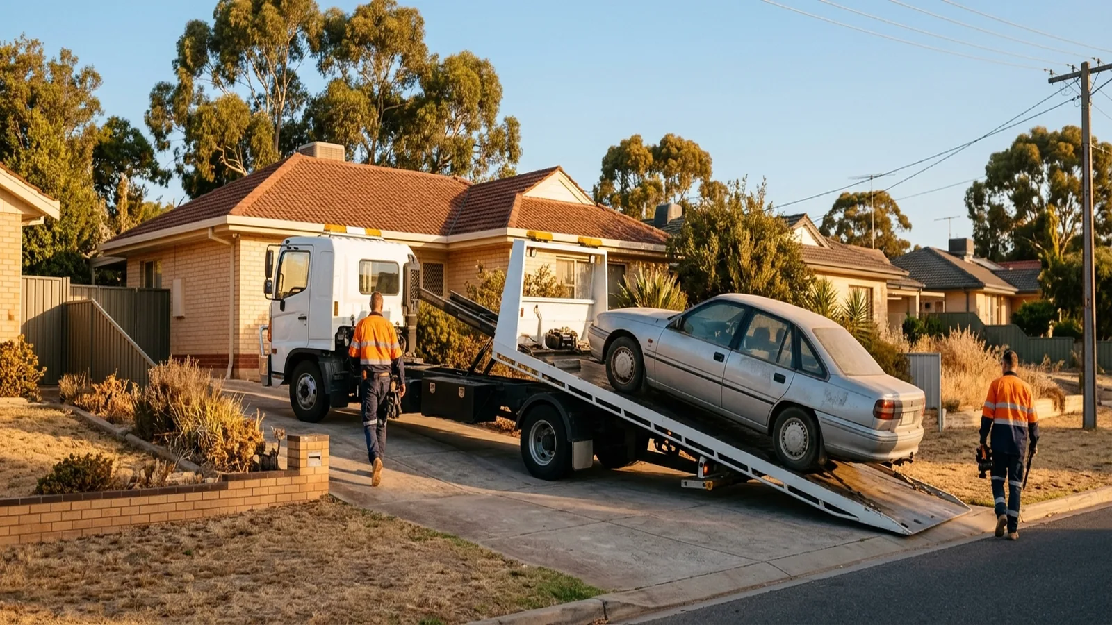 Flatbed tow truck collecting a car from a suburban Adelaide driveway
